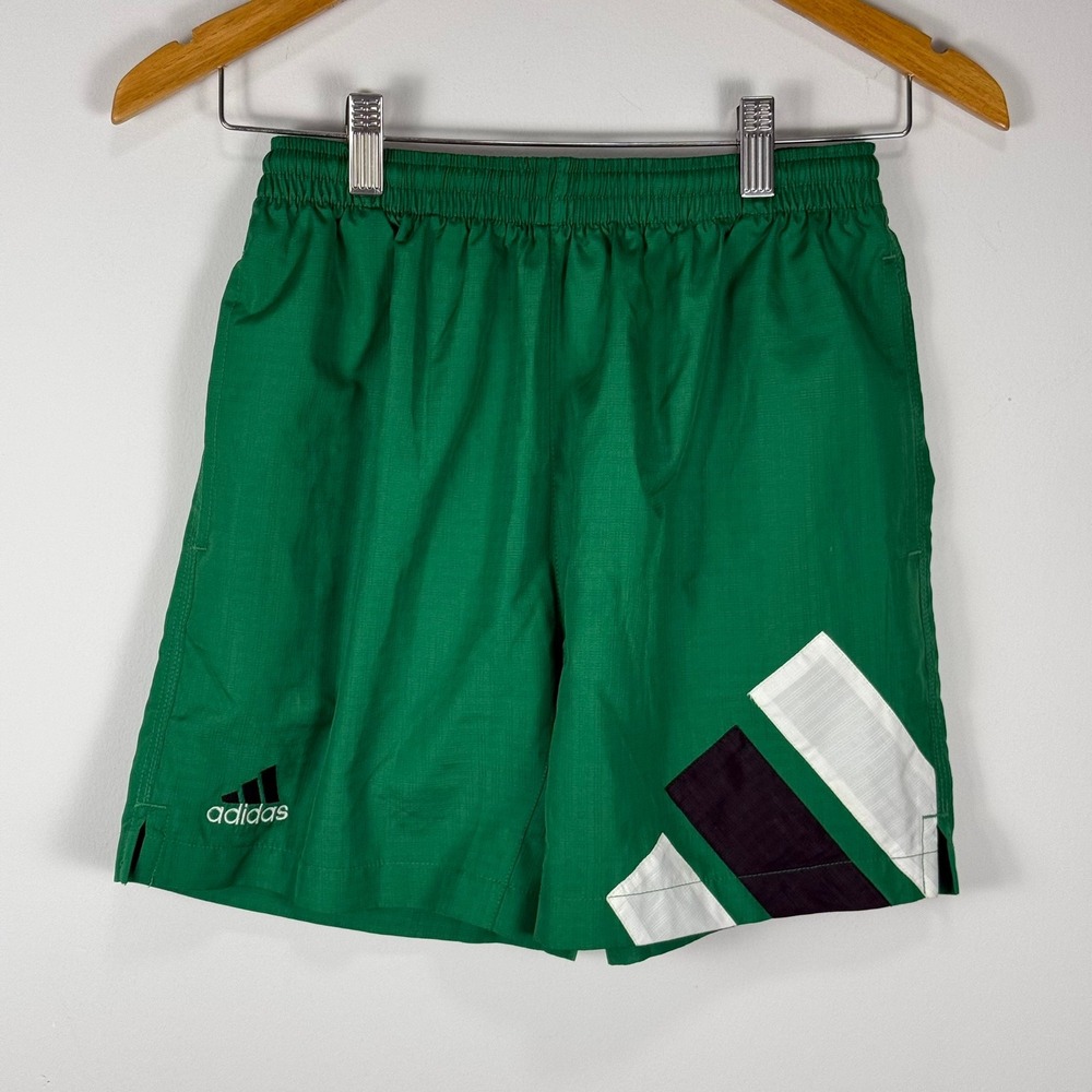 Vintage Adidas Kids Large Green Ripstop Athletic Shorts Geometric Logo 15102